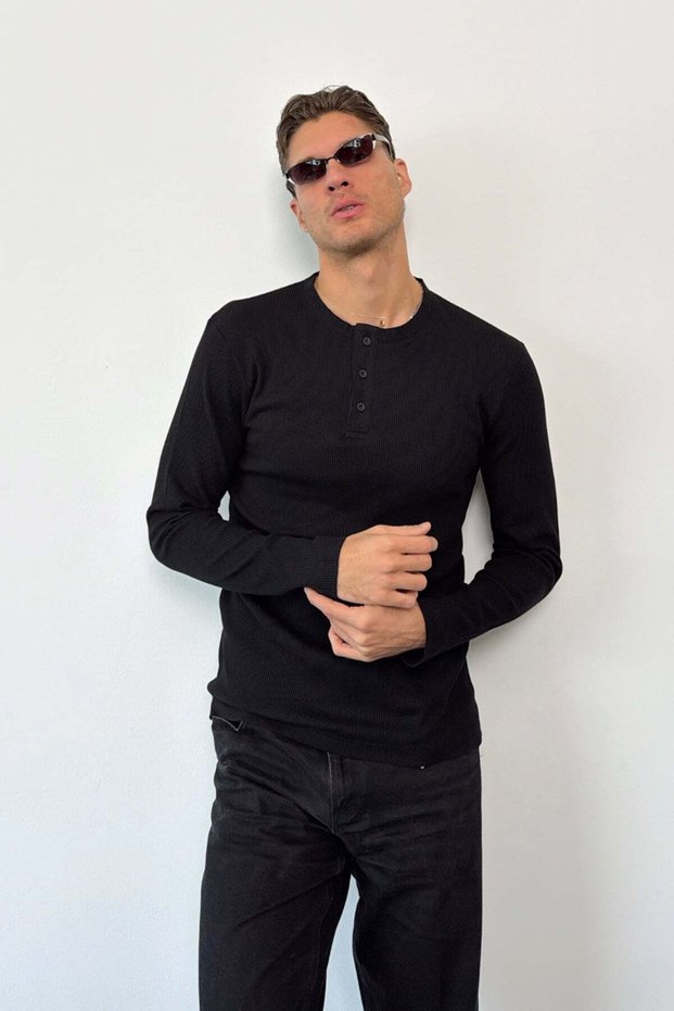 Men's Crew Neck Half Button Sweatshirt Black - 5904