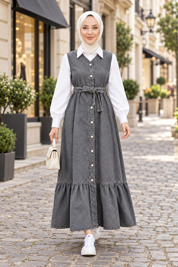 Women's Buttoned Belted Skirt with Ruffles Gray Denim Gilet