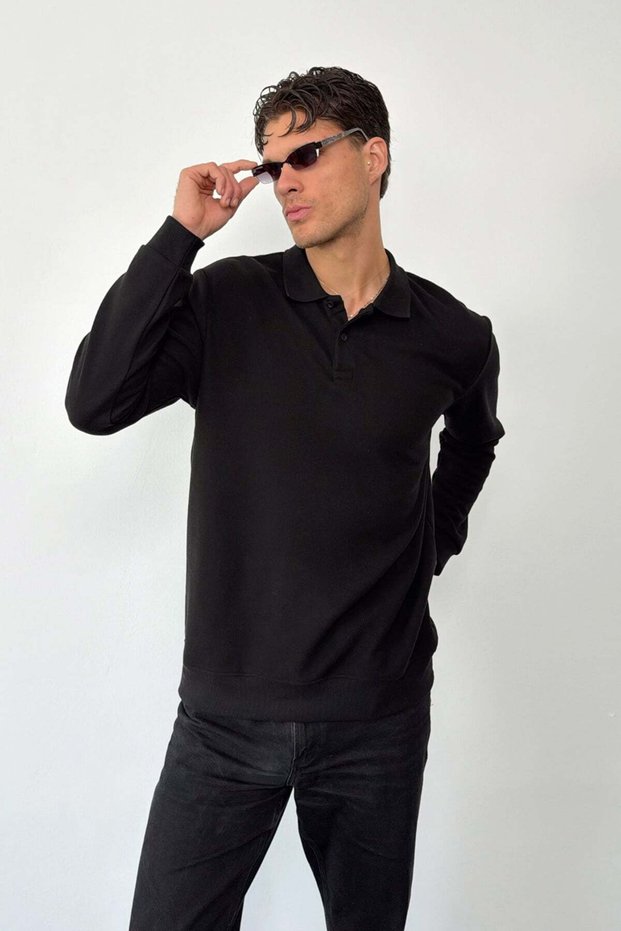 Men's Polo Collar Half Button Thessaloniki Sweatshirt Black - 6103