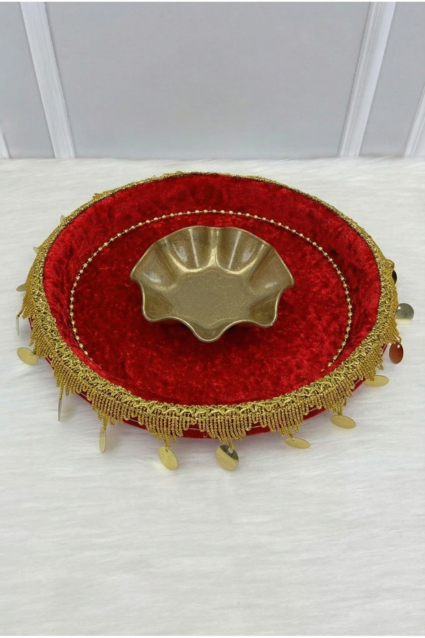 Red Bridal Henna Night Tray, Gold Sequined and Laced Velvet, Wedding, Engagement, Promise, Marriage, Bride, Groom, Bridesmaid