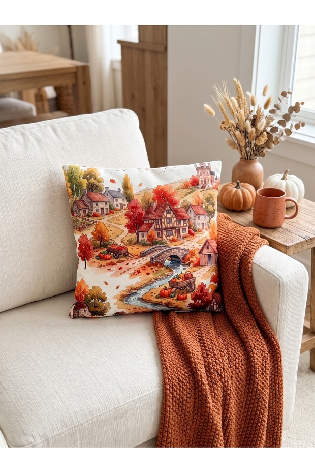 Watercolor Autumn Town Design Throw Pillow Cover - 43X43Cm