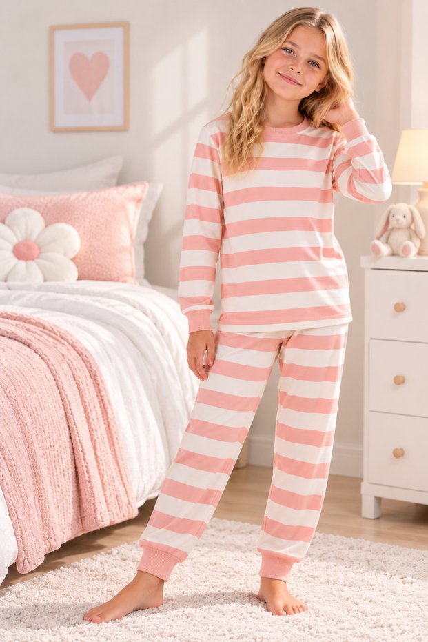 Female Child 100% Cotton Stripe Pattern Diamond Kids Long-Sleeve Sleepwear Set