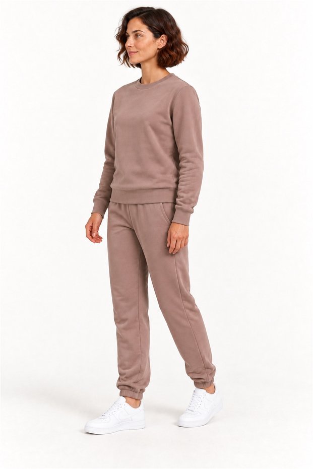 Women's Brown 3 Thread Crew Neck Fleece Tracksuit Set