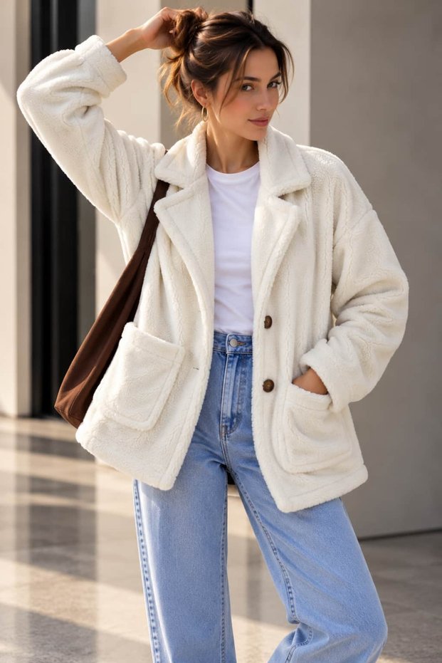 Women's Plush Buttoned Pocket Comfortable Cut Jacket Zg9016
