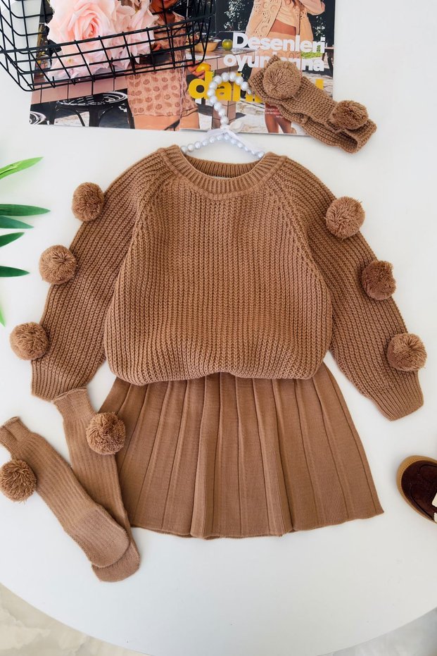 Girl's 3-Piece Set with Pom Pom Detail and Knitwear Skirt - Brown