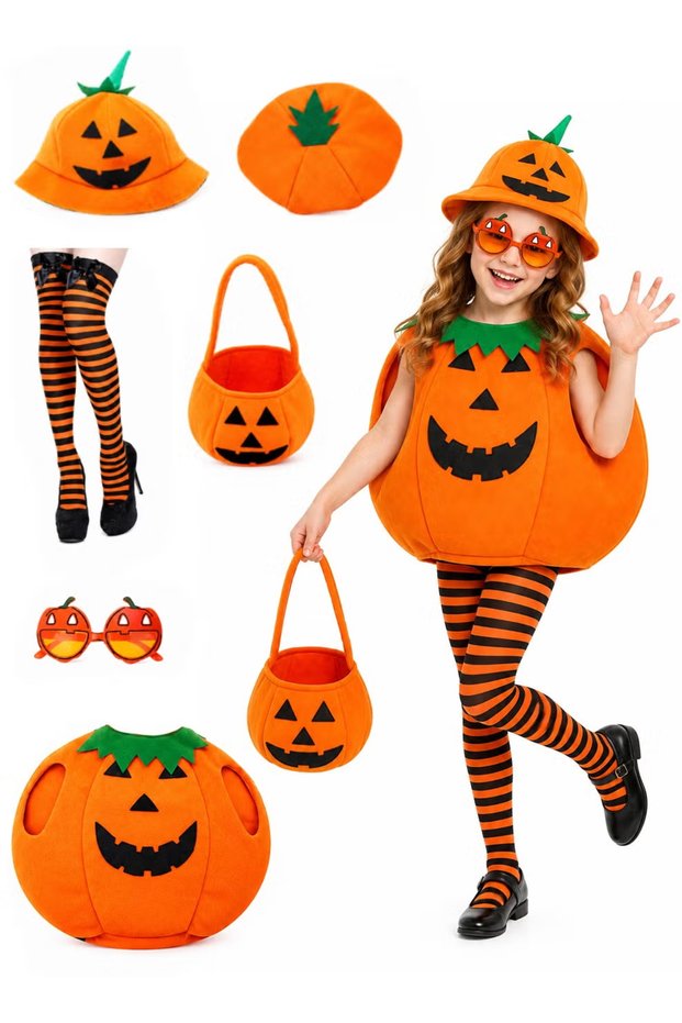 6pc Halloween Pumpkin Costume for Kids, Pumpkin Outfits Cosplay with Pumpkins Hat, Pumpkin Glasses, Pumpkin Bags and Thigh High Stockings for Halloween Cosplay