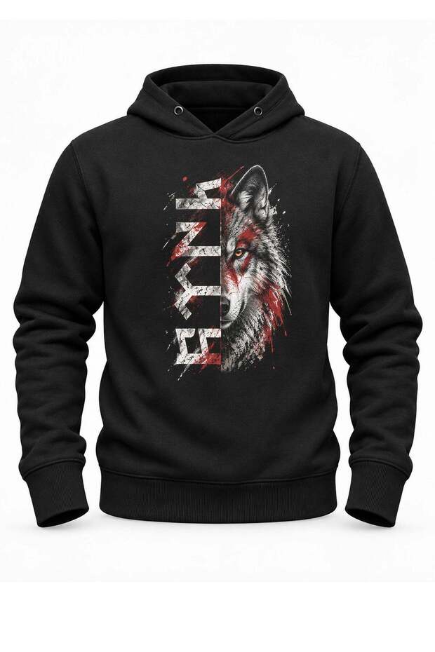 Red White Göktürk Wolf Printed Black Hooded Pocketless Sweatshirt