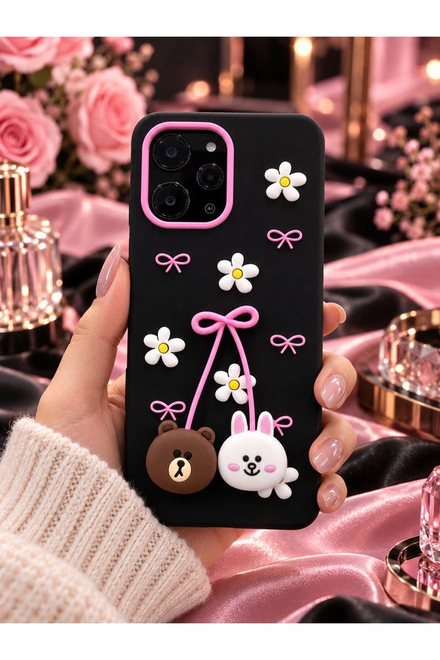 Redmi̇ 12 Compatible - Cute Silicone Phone Case with Embossed 3D Bow & Daisy Pattern - Camera Protected