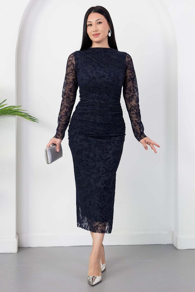 Mock Neck Draped Flock Print Dress Dks1392