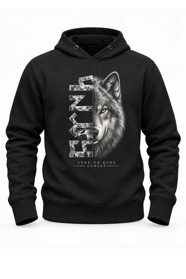 Turkish Spirit Eternal Wolf Printed Black Hooded Pocketless Sweatshirt