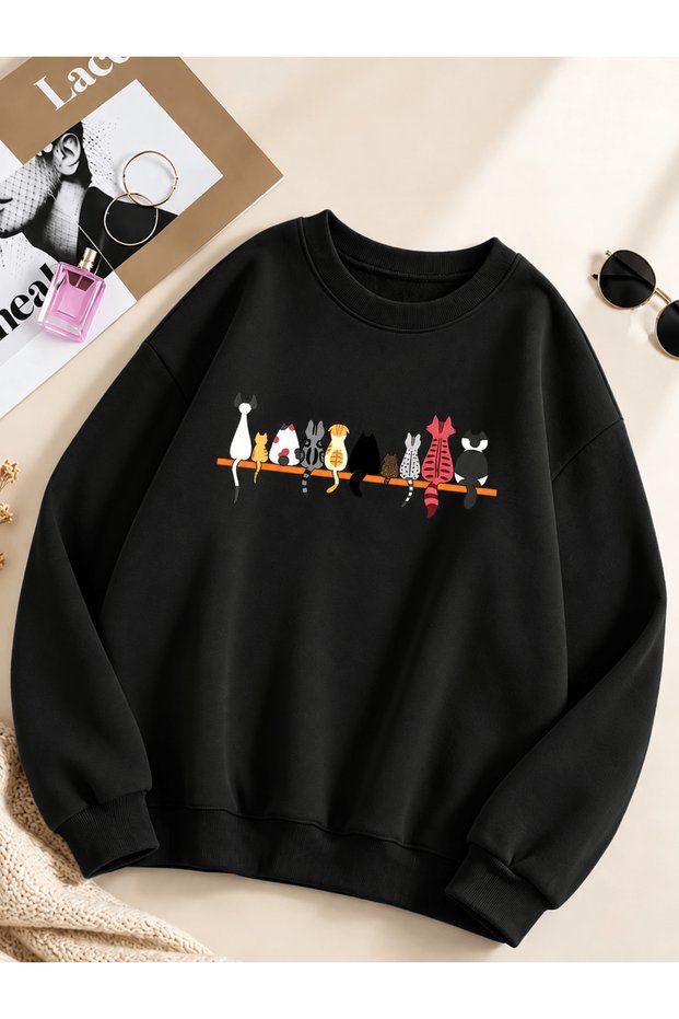 Cat Printed Cotton 3 Thread Threaded Crew Neck Oversize Sweatshirt