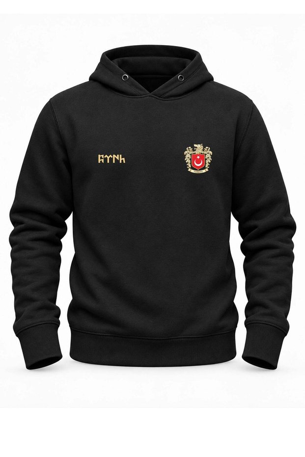 Turkey Emblem Göktürk Printed Black Hooded Sweatshirt Without Pockets