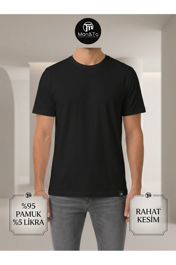 Men's Crew Neck T-Shirt Black – 95% Cotton 5% Lycra Combed Cotton, Comfortable Fit, Breathable