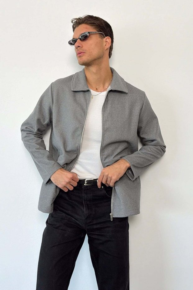 Men's Polo Collar Zippered Double Pocket Cashmere Jacket Gray - 6085
