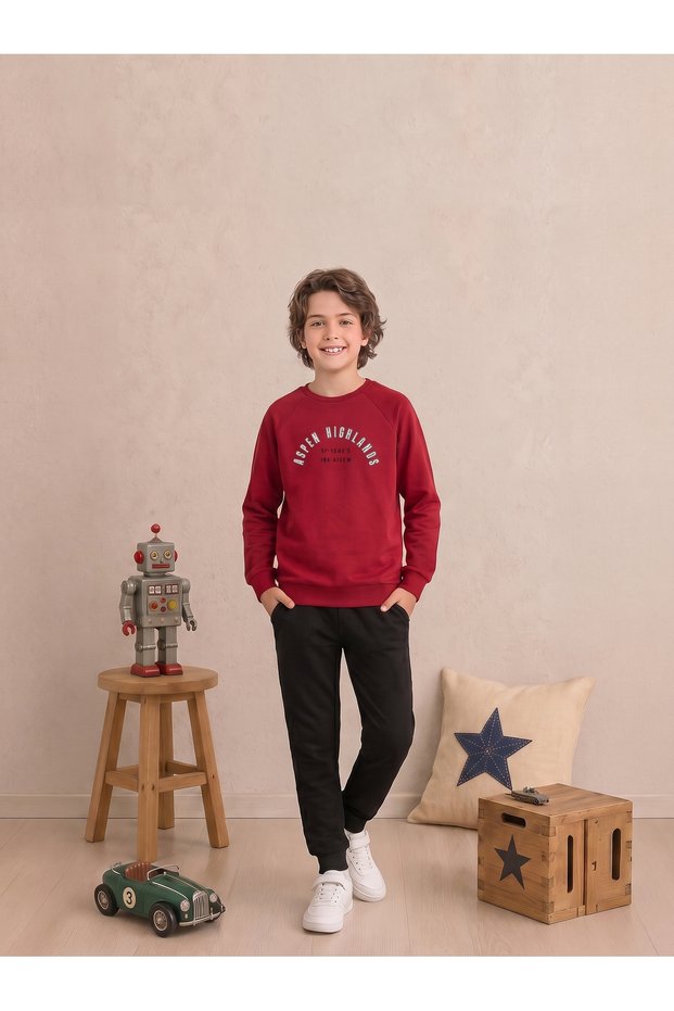 Boys & Teenagers Interlock Printed Pocketed Long Sleeve Pajama Set Burgundy