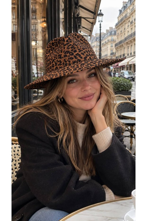 Tan Leopard Patterned Fedora Cowboy Women's Hat