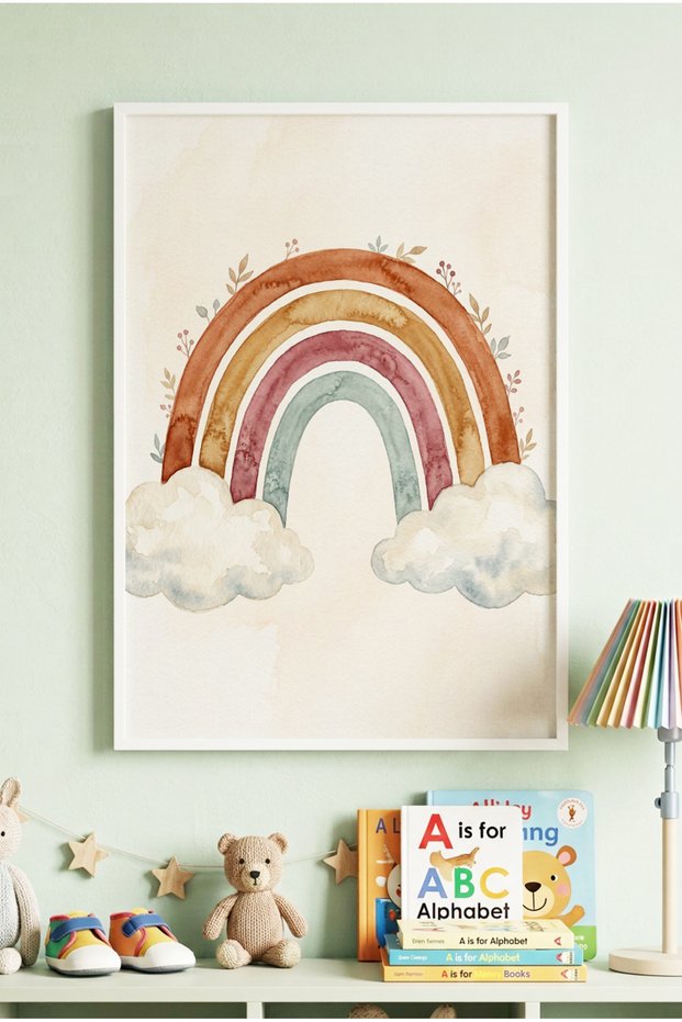 1 Piece White Wooden Framed Watercolor Effect Rainbow and Cloud Pattern Wooden Painting - Children's and Baby's Room and Home Decoration Painting