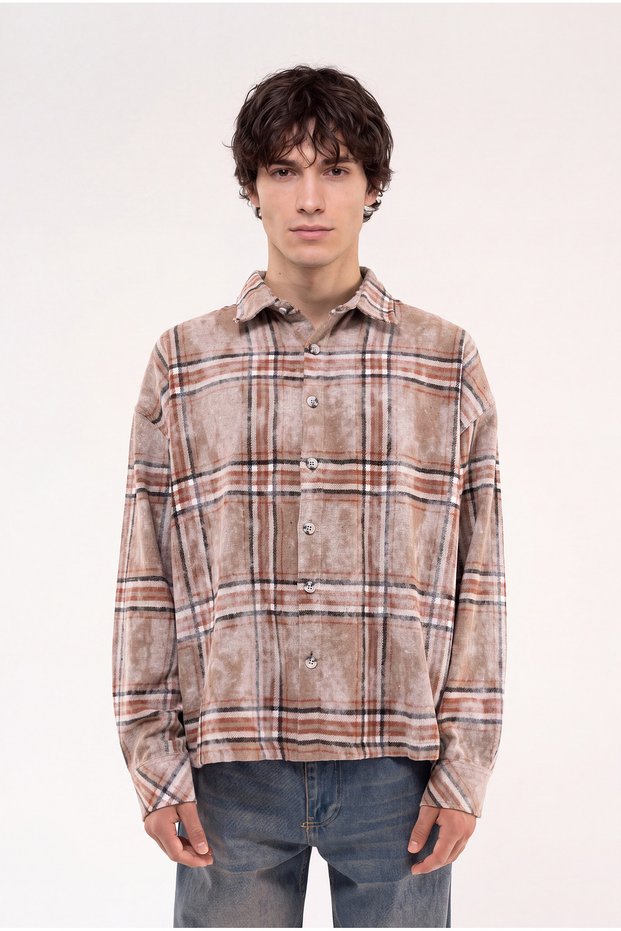 Men's Plaid Long Sleeve Oversize Shirt Stone