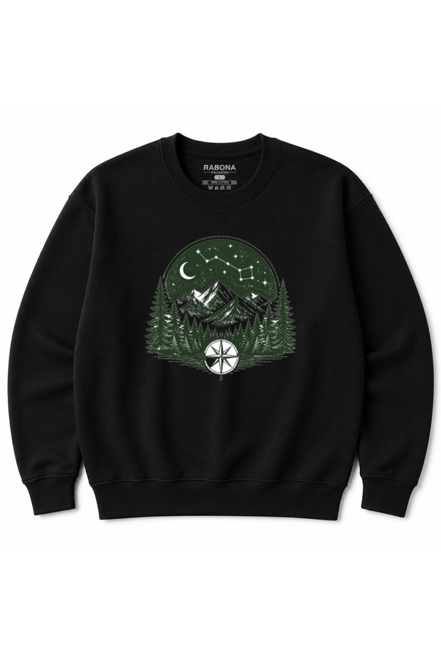 Midnight Wilderness Starry Mountain Forest Compass Adventure Graphic Sweatshirt