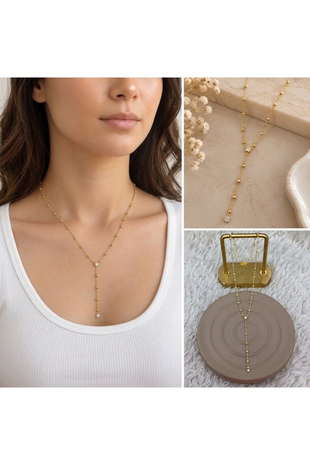 💎 Premium Shiny and Stylish Stone Detailed Dangle Gold Color Y Model Women's Steel Necklace (45 cm)