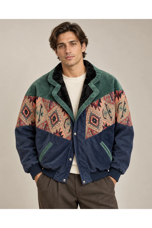 (8106) Fur Collar Vintage Patterned Patchwork Men's Bomber Jacket - L/Xl