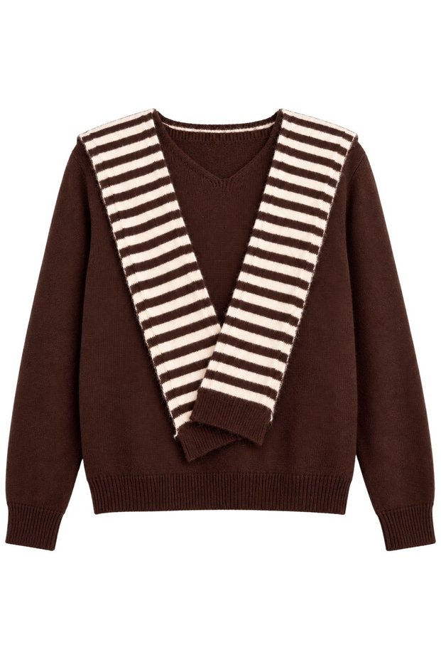 Women's Shawl Collar Brown White Striped Knitwear Sweater
