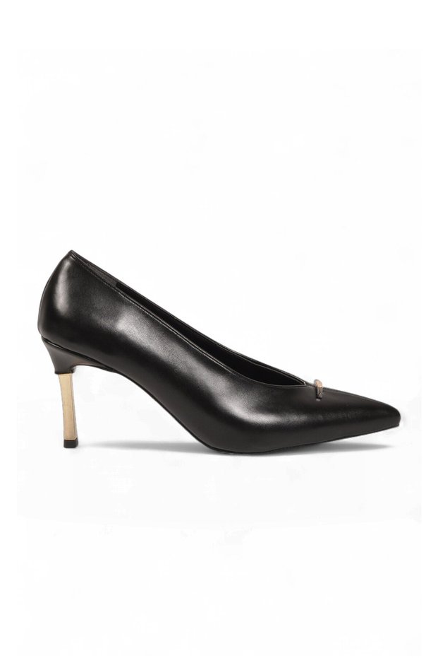 Women's Black Leather Heeled Shoes Special Occasion Night Stylish Thin Heeled Evening Dress Shoes 312607