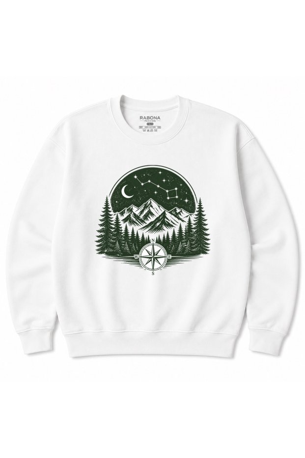 Midnight Wilderness Starry Mountain Forest Compass Adventure Graphic Sweatshirt