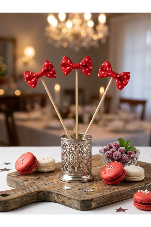 Red Polka Dot Bow Tie Long Toothpick 10 Pieces 16 cm