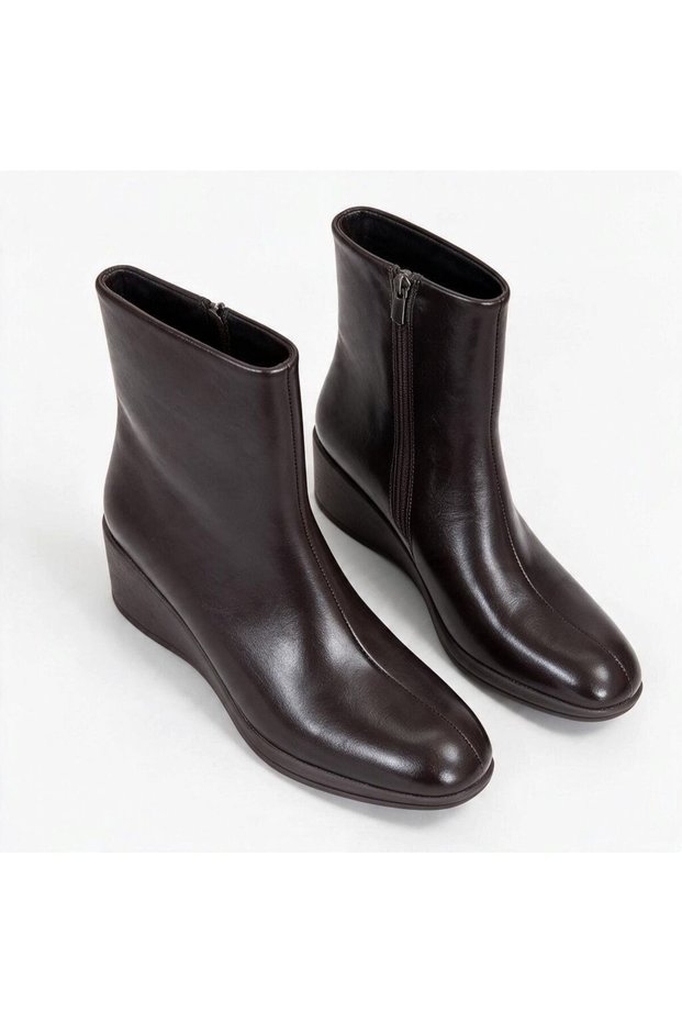 Brown Patent Leather Women's Wedge Sole Boots with Internal Zipper