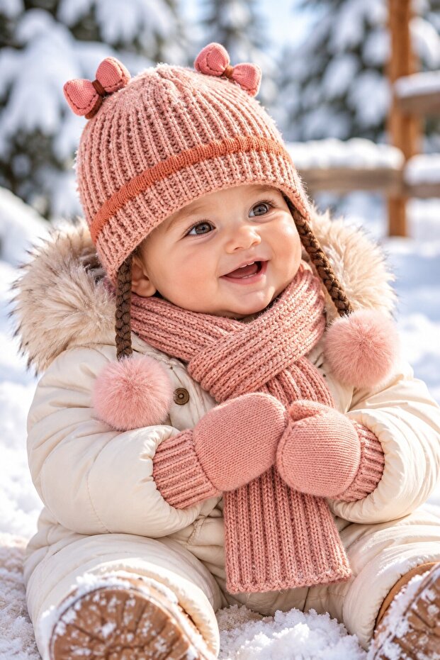 Ki̇tti̇ 26150-04 0-18 Months Baby Girl Scarf, Beanie, Gloves Set