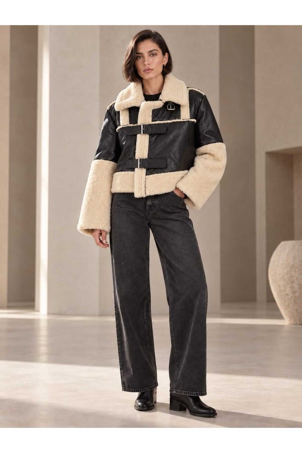 Women's Black Leather and Cream Plush Detailed Belted Coat