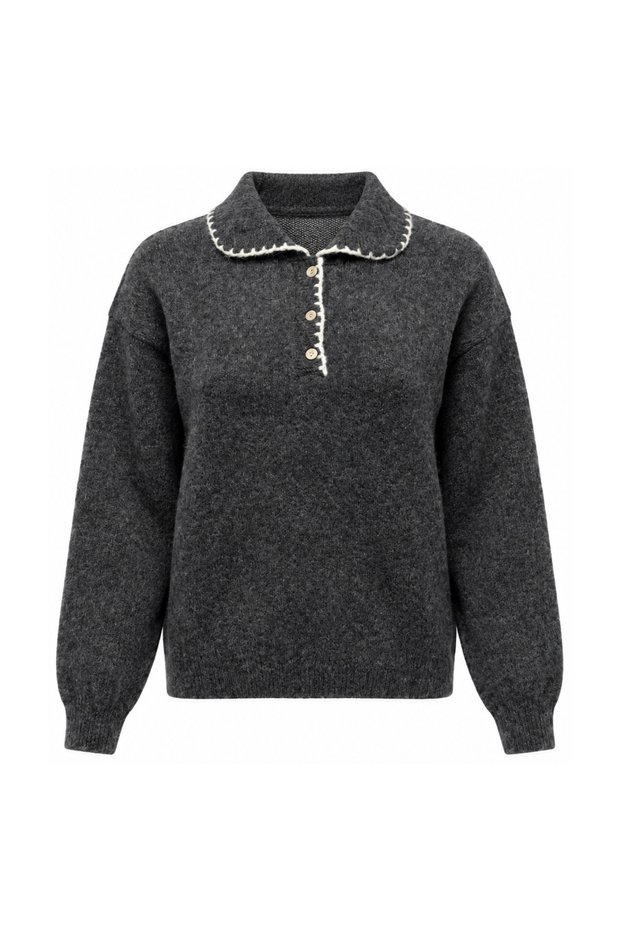 Women's Anthracite Embroidery and Button Detailed Polo Collar Soft Textured Sweater