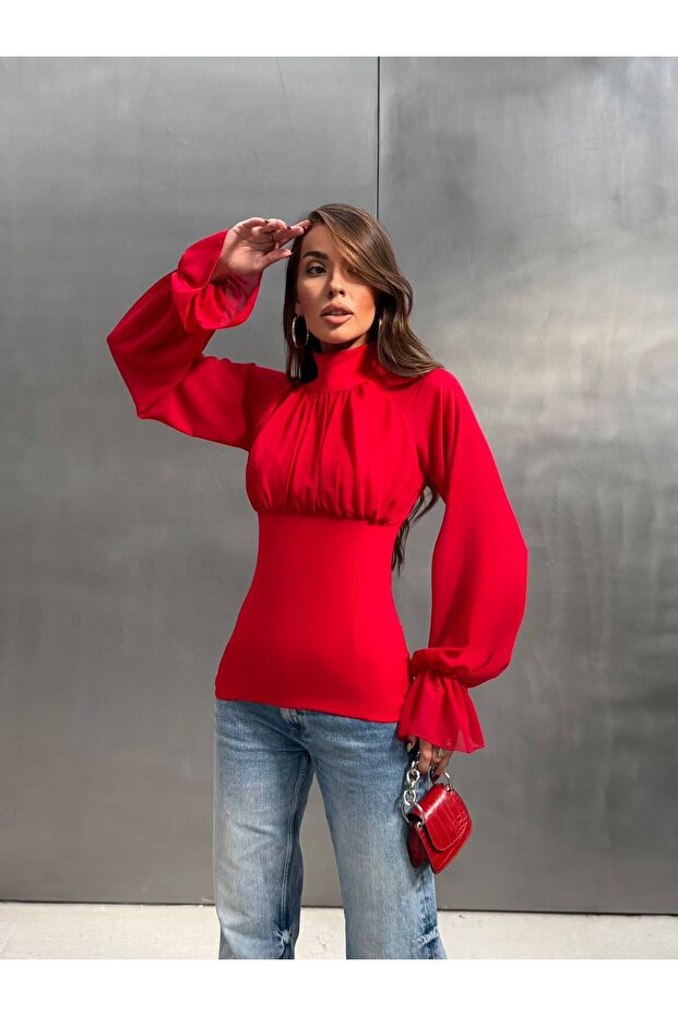 Corset Detailed Transparent Sleeve Blouse