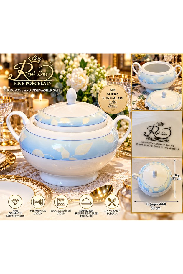 Royal Line Fine Porcelain Large Size Porcelain Soup Pot with Lid, Blue Leaf Pattern, Double Handle