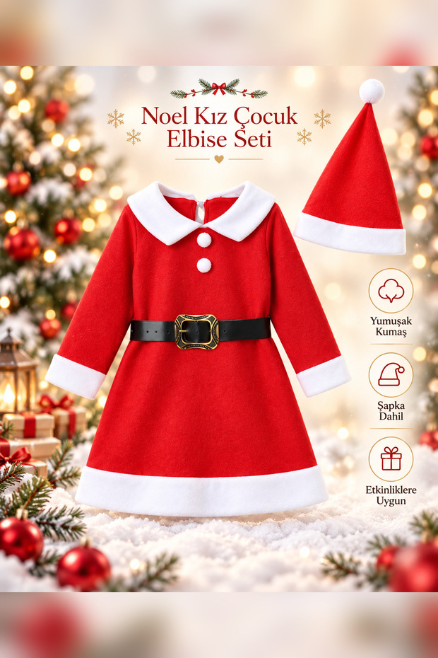 Girls Santa Claus Costume Red Fleece Dress and Hat Set