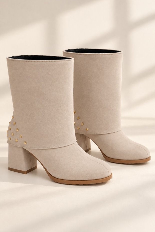 Vi̇yora Women's Boots with Blunt Toe and Studded Detail on Thick Heel