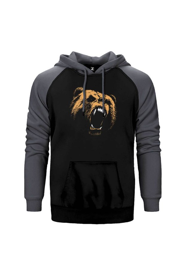 Grizzly Bear Gray Double Color Raglan Sleeve Hooded Sweatshirt
