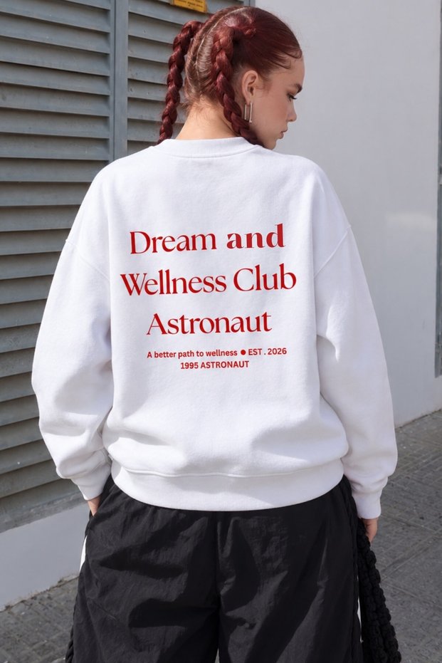 Women's Oversize Sweatshirt Wellness Printed White – Crew Neck, 3 Thread Raster Fleece, Drop Shoulder
