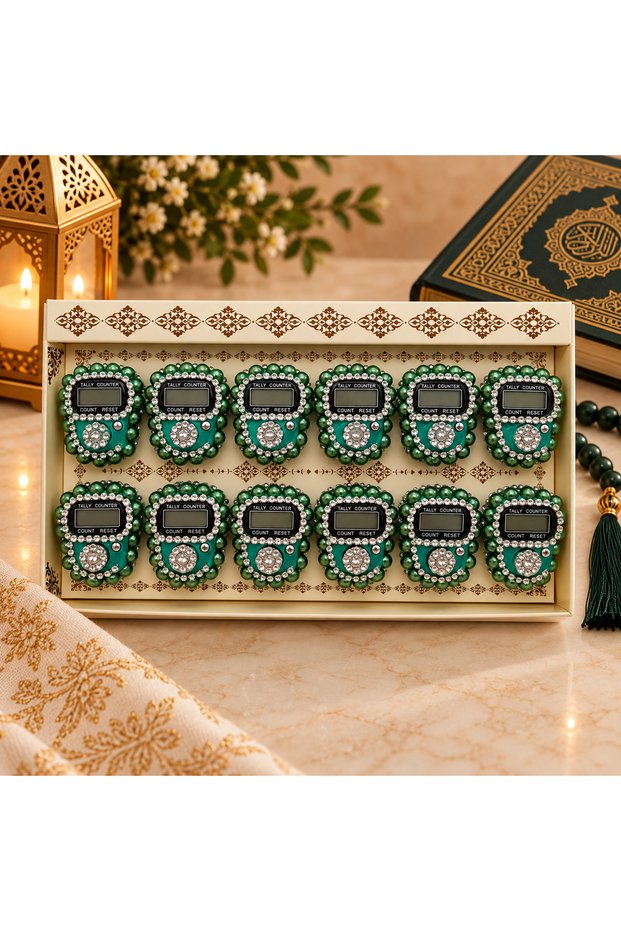 12-Piece Green Stone Digital Zikirmatik Set Boxed Gift (Hajj-Umrah-Mevlüt)