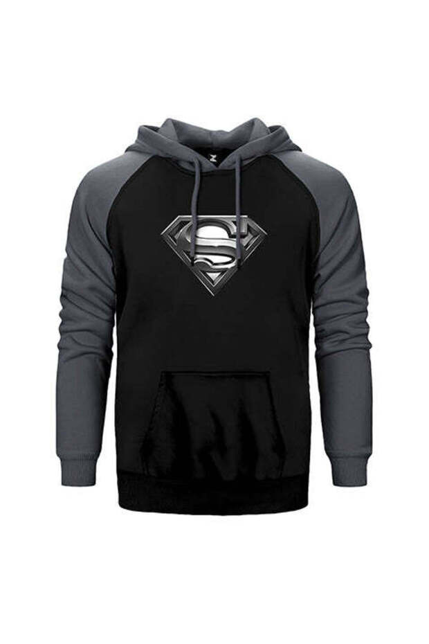 Superman Logo Gray Double Color Raglan Sleeve Hooded Sweatshirt