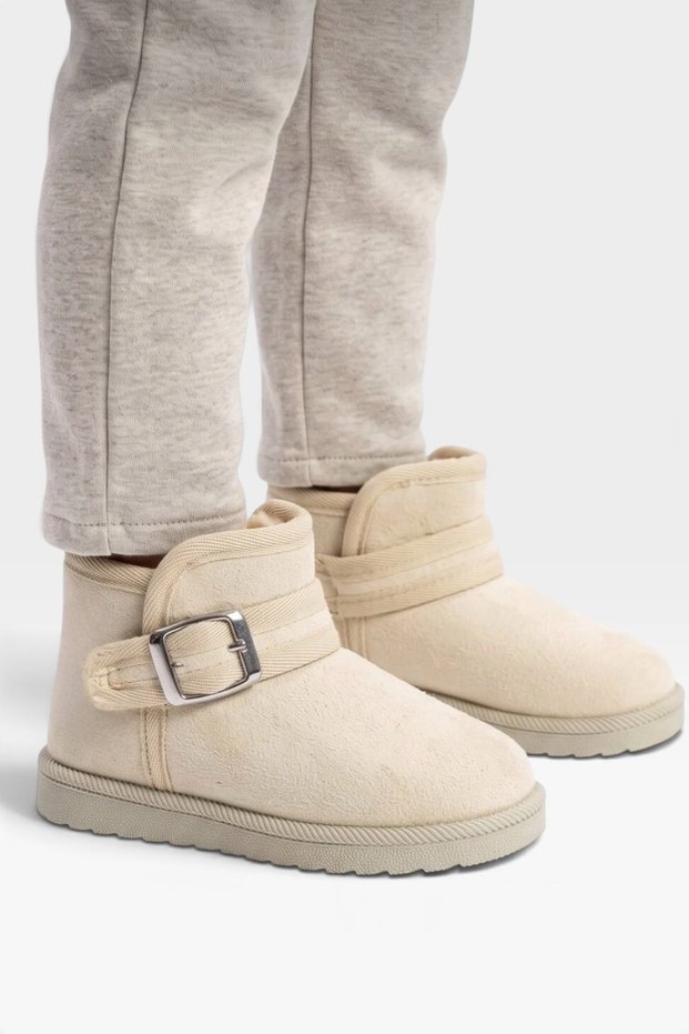Girls' Boots with Fur Inside and Suede Look with Belt Buckle Beige