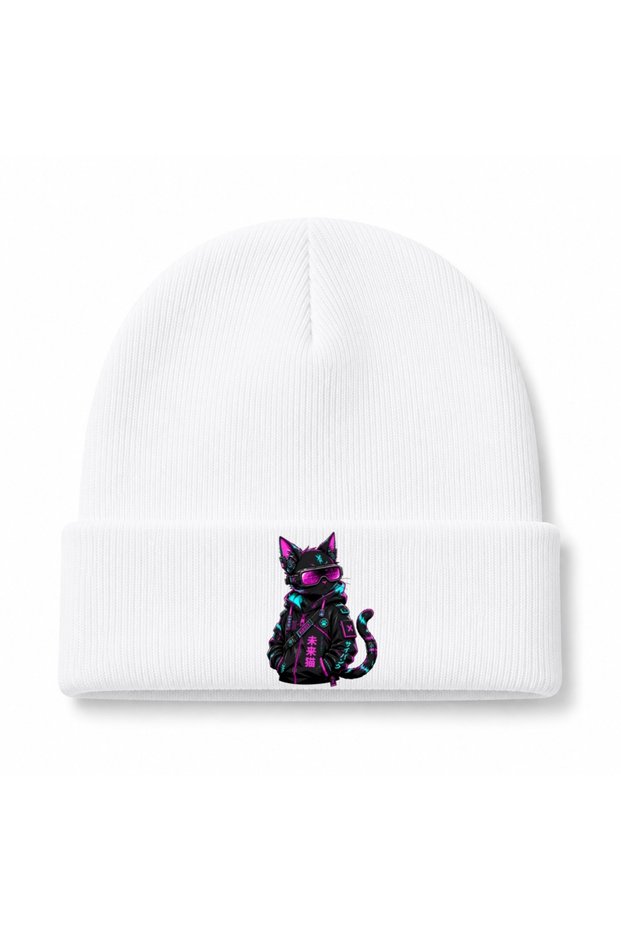 Neon Neko Cyberpunk Cat Japanese Anime Techwear Graphic Beanie