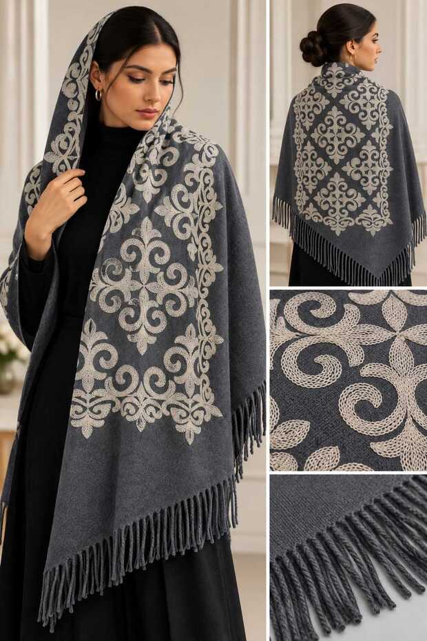 Baroque Patterned Embroidered Cashmere Wool Shoulder Shawl 70 X 200 Soft Texture Tassel Shawl