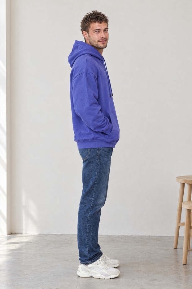 Men's Oversize Hooded Basic Sweatshirt with Kangaroo Pocket Purple
