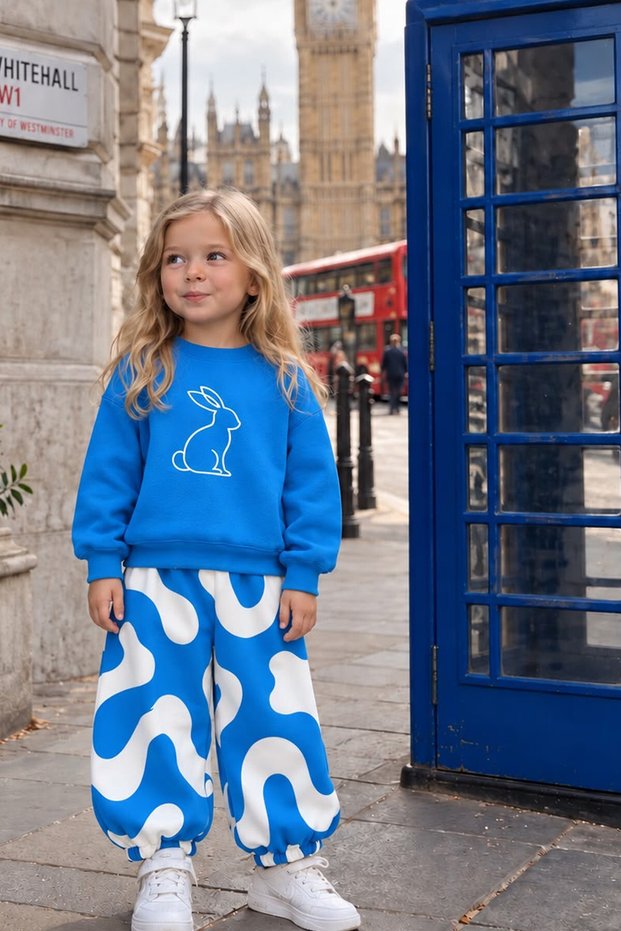 Girl's 3 Thread Cotton Blue Rabbit Printed Sweatshirt and Printed Bottom Top Set