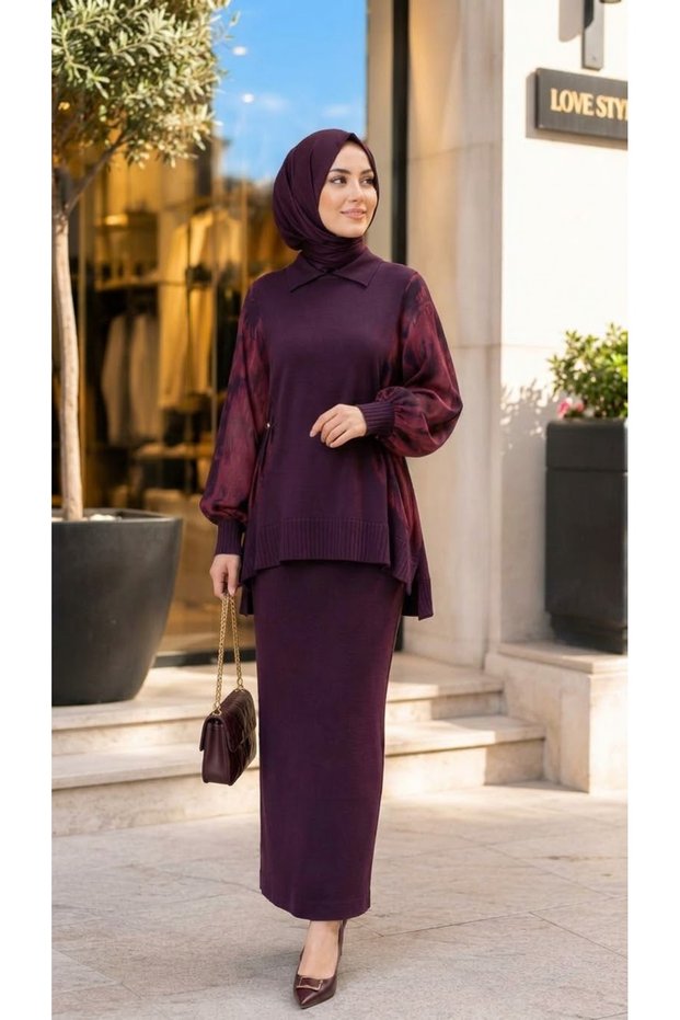 Shirt Collar Silk Kupra Garnished Tunic and Pencil Skirt Mercerized Fabric Two-Piece Set