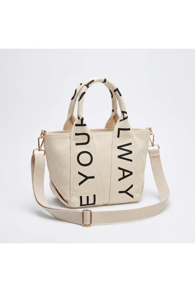 Beige Canvas Shoulder Bag with Gold Detailing and Lining, Women's Handbag and Crossbody Bag Bezoss