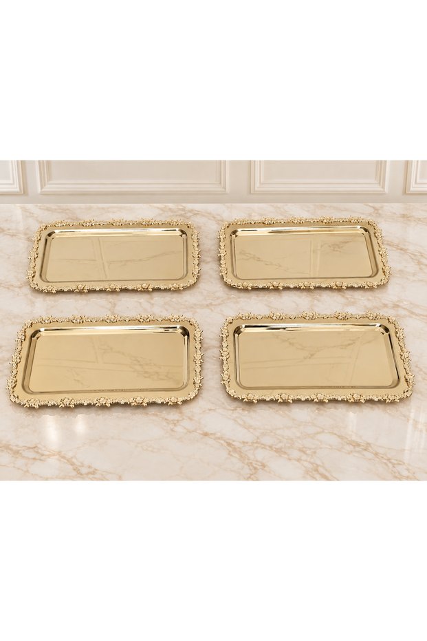 6 Pieces Baton Çiçek Full Gold Presentation Tray & Coffee & Cake/ Pastry Serving Tray 32cm