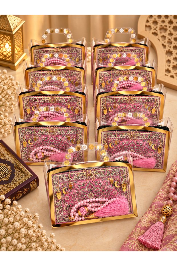 10 Pieces of Pink Gilded Bag with Flared Cover, Ethnic Wallet and Prayer Beads Set